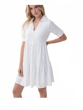 Joseph Ribkoff White Eyelet Short Sleeve Tiered Mini Dress Size 14